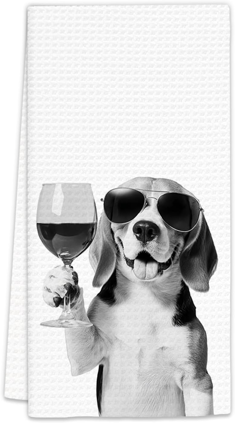 FIicy Beagle Gifts Wine Kitchen Towels, Gifts for Beagle Dog Wine Lovers Decorative Hand Dish Tea Towel for Kitchen Home Bar, Funny BeagleDog Owners Home Bar Decor(16x24In) - Image 1